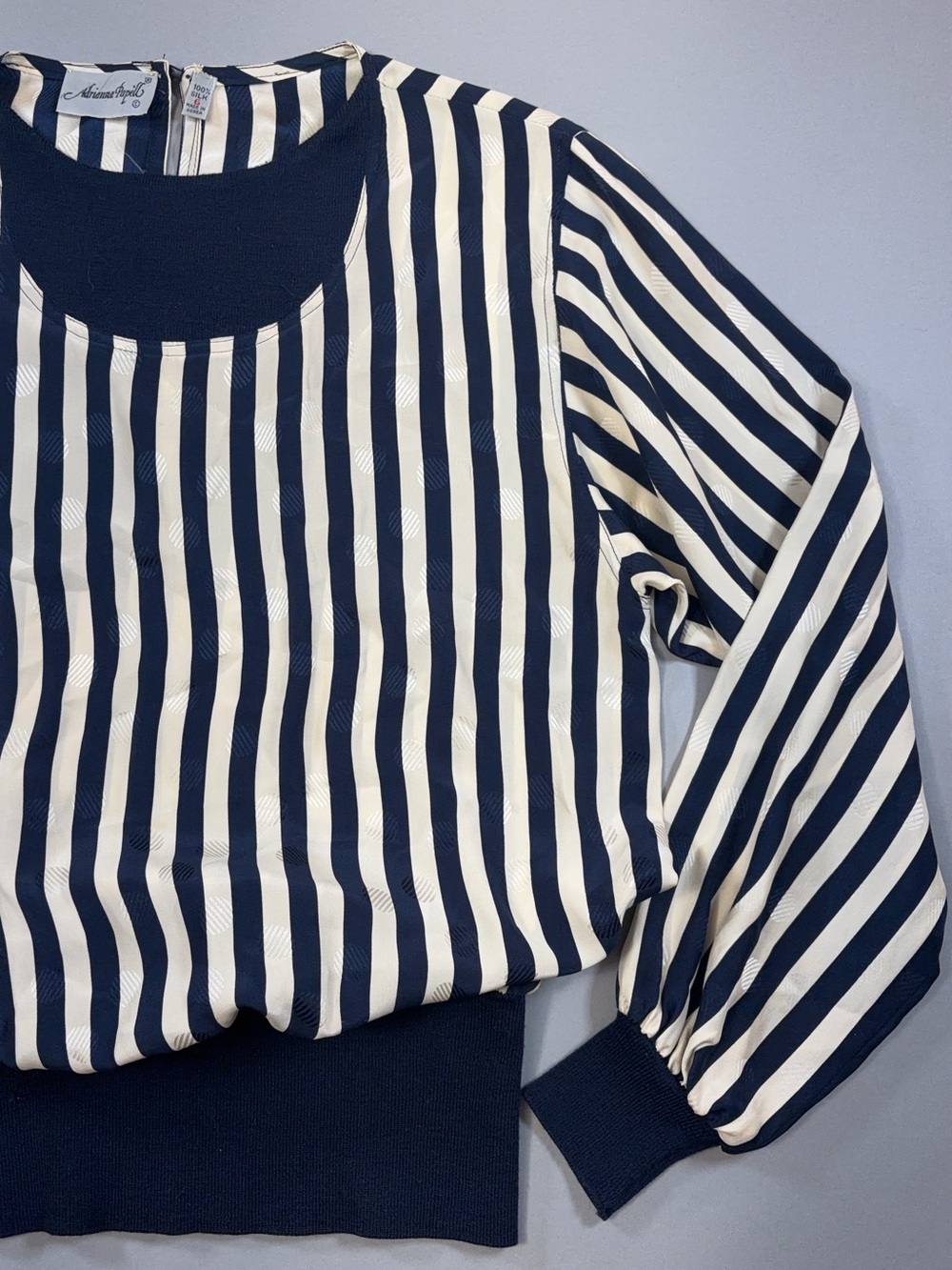 Vintage Adrianna Papell 100% Silk Navy Ivory Striped Blouson Top Blouse 80s 90s